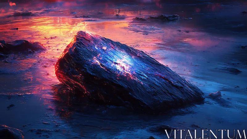 Rock with inner glow on reflective shoreline at dusk.