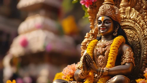 Golden Hindu deity statue with garland in temple setting.
