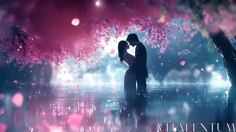 Ethereal Romance Beneath Cherry Blossoms in Luminous Waters.