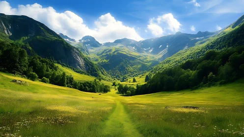 Sunlit alpine valley path under vivid summer mountain sky.