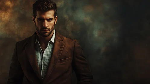 Man in brown blazer stands against dark textured backdrop