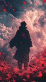Lone anime wanderer walking through swirling crimson clouds.