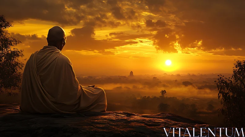Monk in saffron robes observing misty valley sunrise.