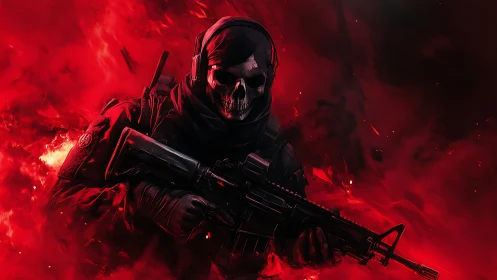 Tactical skull-masked operator with assault rifle in red inferno