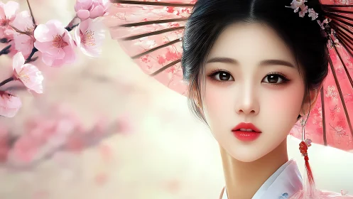 Geisha portrait under cherry blossoms with pink parasol.