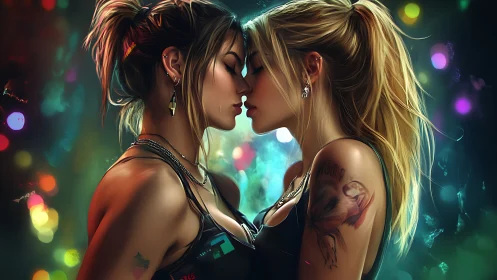 Two figures lean close in neon-lit intimacy beneath glowing bokeh lights.