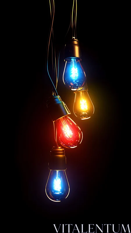 Neon chorus of hanging lightbulbs in electric midnight glow.