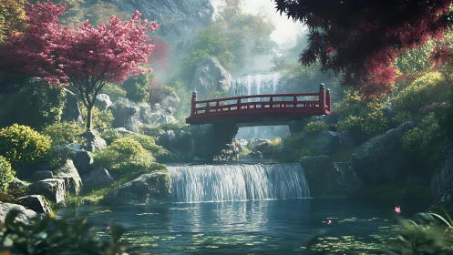 Red wooden bridge spans layered waterfalls in lush valley