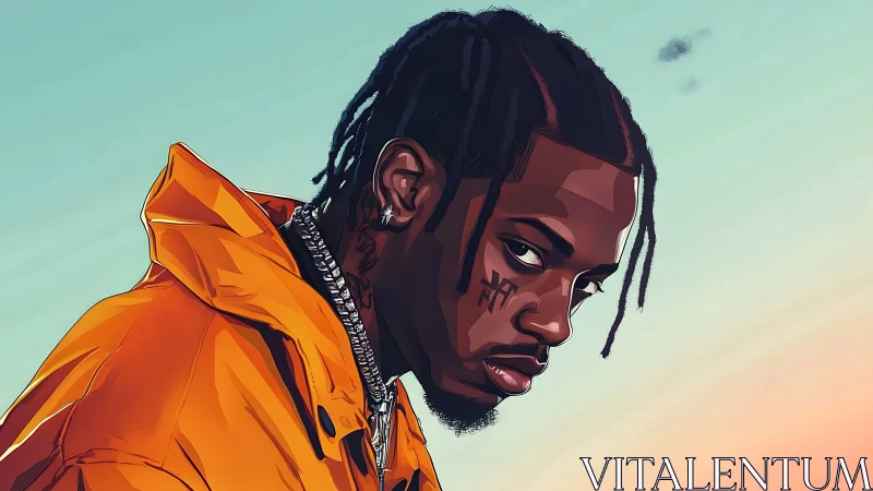 Digital portrait of braided man in orange jacket profile.