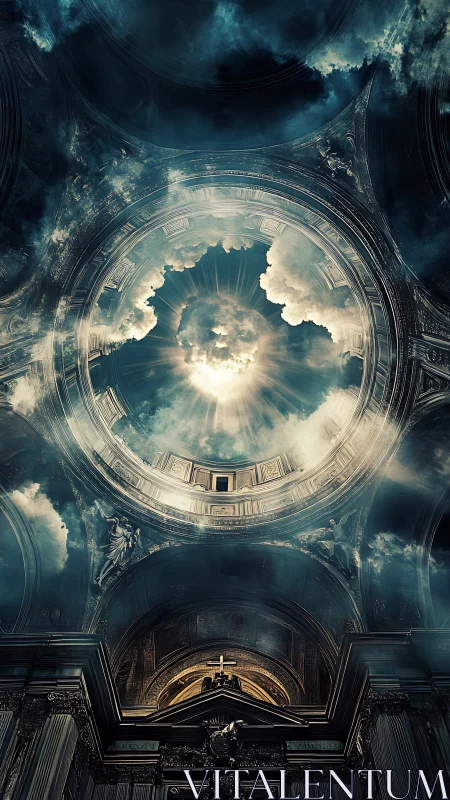 Heavenlit cathedral dome where clouds meet carved stone.
