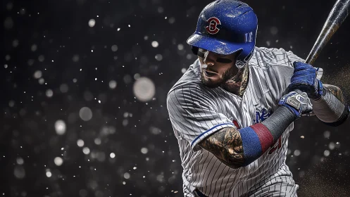 Under stadium lights, a tattooed slugger readies his swing.