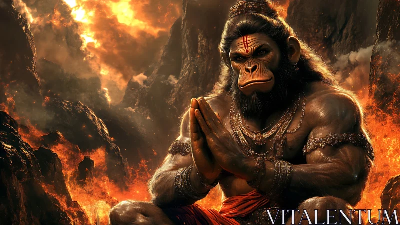 Fireborne monkey warrior in molten mountains at fierce prayer.