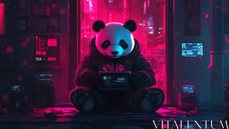 Cyberpunk panda hacker guards neon city backdoor access.