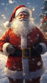 Joyful Santa in softly falling snow shares festive cheer.