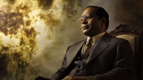 Photorealistic seated portrait in warm chiaroscuro lighting.