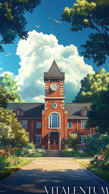 Digital painting of sunlit brick clocktower academy facade.