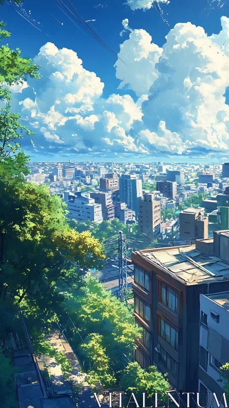 Anime urban hillside cityscape with cumulus sky depth.
