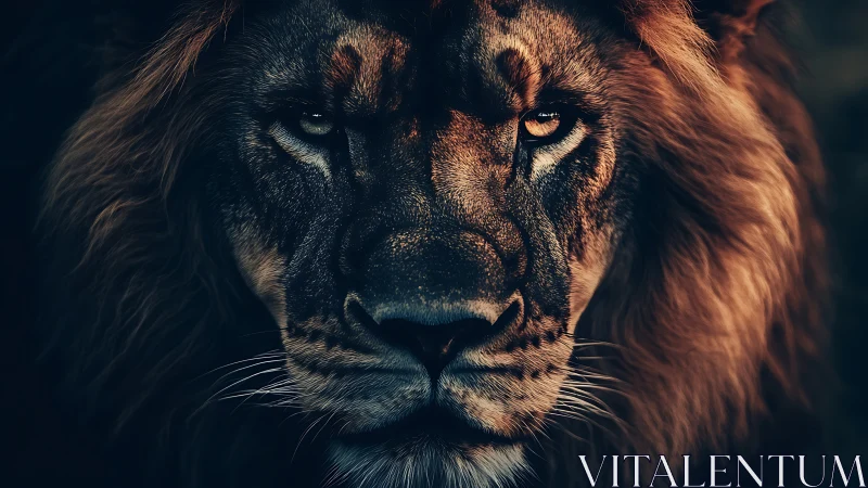 Brooding lion portrait in dramatic low key light.