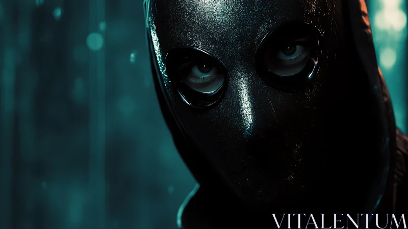 Hooded masked figure in low key teal illuminated scene.