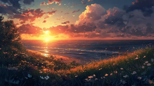 Sunset coastline with wildflowers and calm reflective sea.