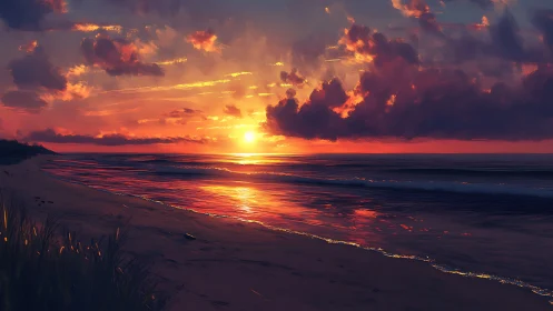 Digital seascape sunset with luminous shoreline reflections.