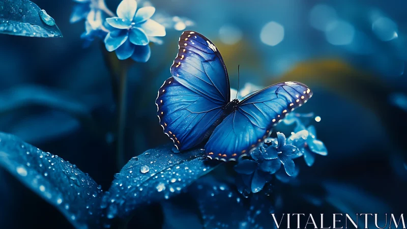 Iridescent blue butterfly resting over dew-kissed foliage.