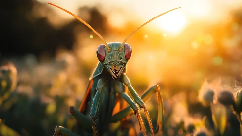 Sunset mantis monarch bathing in molten golden meadow light.