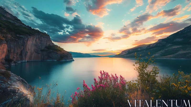 Mountain lake shoreline with sunset sky and foreground flowers.