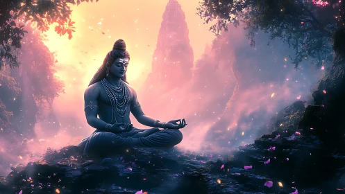 Mystic mountain meditation under glowing twilight sky.