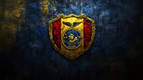 Golden heraldic shield with central blue seal on dark wall