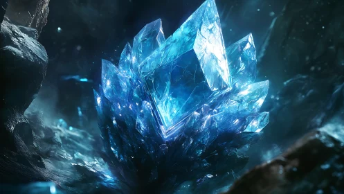 Luminescent blue crystal cluster in subterranean cavern.