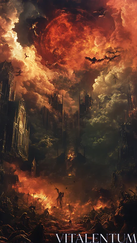 Blood-red eclipse devours a burning cathedral worldscape
