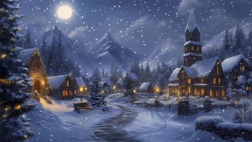 Moonlit alpine village under gentle Christmas snowfall.