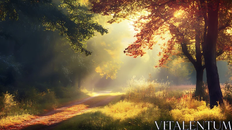 Sunlit forest path with luminous autumn foliage glow.