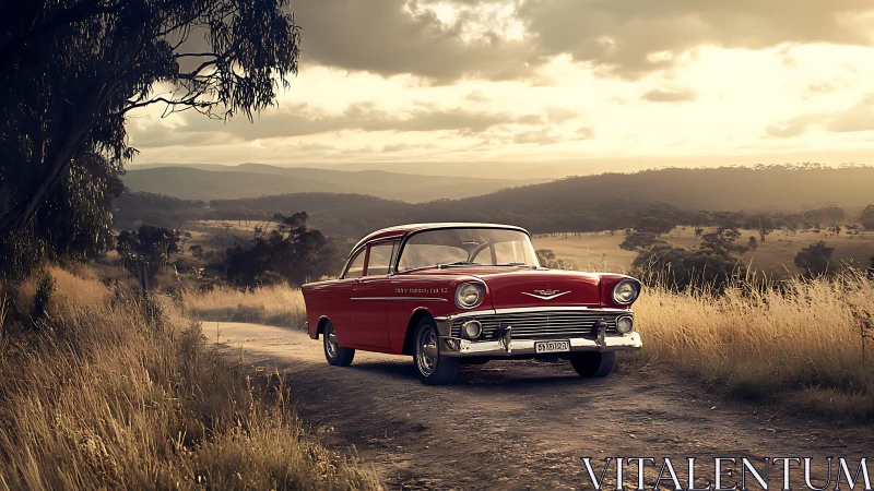Classic red car glows on a dusty country road at sunset