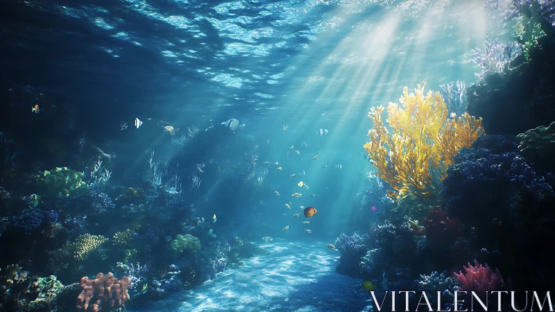 Sunlit coral boulevard where tiny reef wanderers drift.