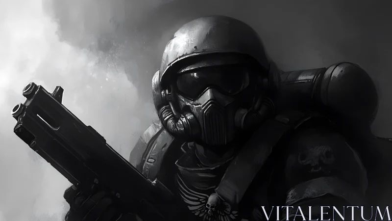 Armored sci-fi soldier stands ready in smoky grayscale scene.