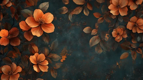 Orange Blossoms Against Dark Teal Patina Surface
