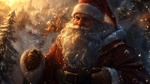 Santa Claus walks through snowy forest at golden sunset