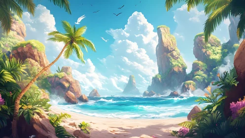 Coastal landscape with limestone formations and tropical vegetation