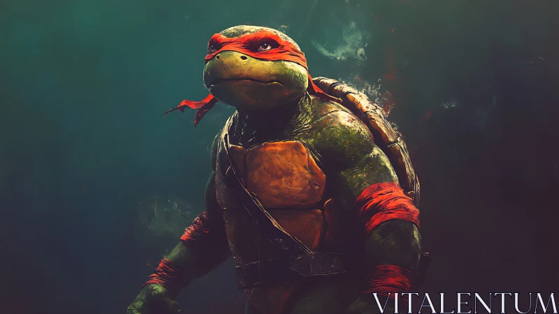 Armored mutant turtle warrior under moody green light.