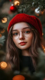 Festive portrait captures serene girl amid Christmas lights.