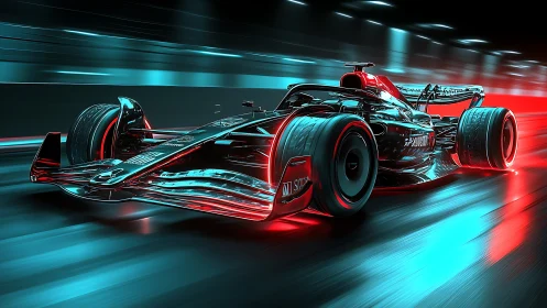 Neon-lit cyberpunk Formula race car in high-speed tunnel