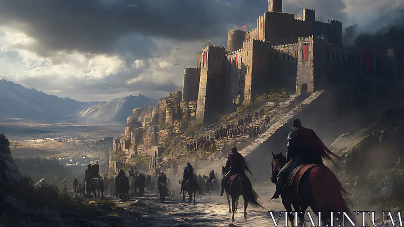 Mounted knights approach stormlit fortress citadel at dusk