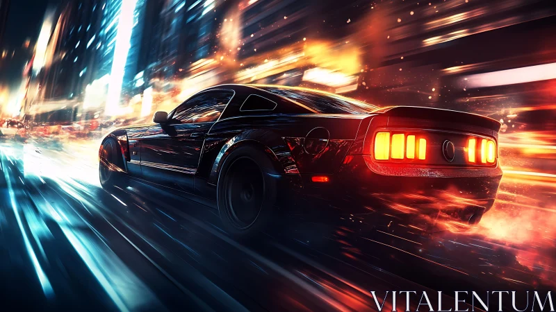 Midnight muscle car racing through neon city streets.