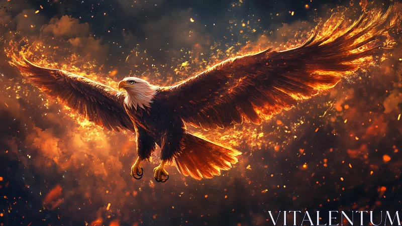 Majestic Bald Eagle Soaring with Fiery Wings in Dramatic Digital Art.