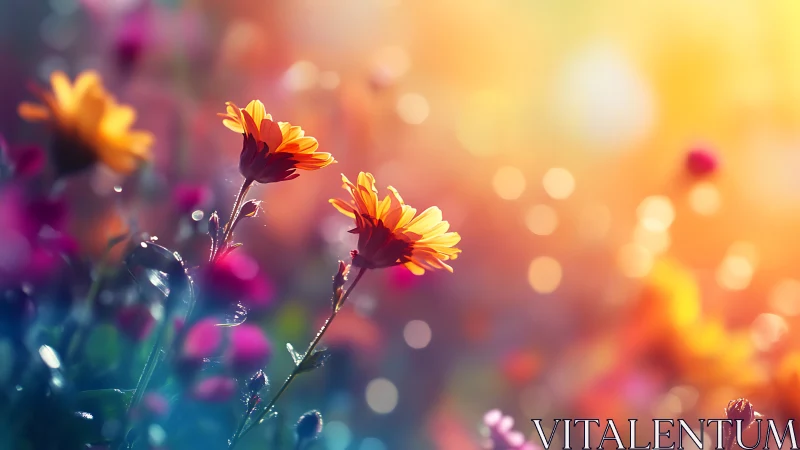 Backlit yellow gerberas in soft focus garden setting.