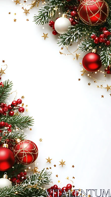 Red and gold Christmas ornaments frame a minimal white space