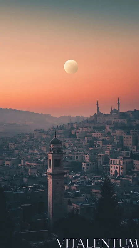 Telephoto skyline with mosque minarets under pastel lunar dusk