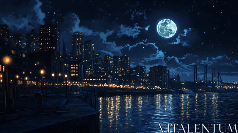 Moonlit harbor skyline hums softly under a sleepless sky